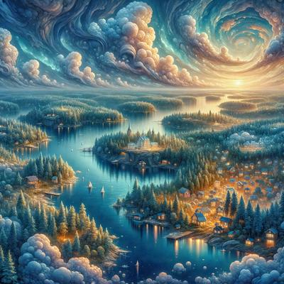 The primary subject of the image is a beautifully painted scene of a town situated on the edge of a large body of water. The town is surrounded by a lush forest, and the water is filled with boats. The setting is a mix of natural elements and human-made structures, creating a serene and picturesque atmosphere.

The visual style of the image is a digital art or illustration, showcasing the artist's skill in capturing the intricate details of the town, the water, and the surrounding forest. The colors used in the painting are predominantly blue and green, which evoke a sense of calmness and tranquility. The overall mood of the image is one of peacefulness and harmony between nature and human habitation.